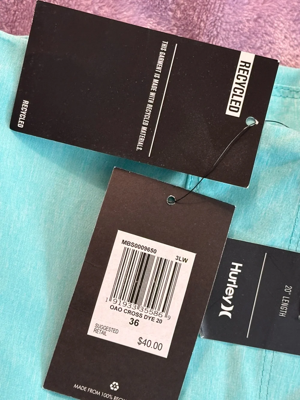Hurley Men's Aqua Green Board Shorts with Black Logo